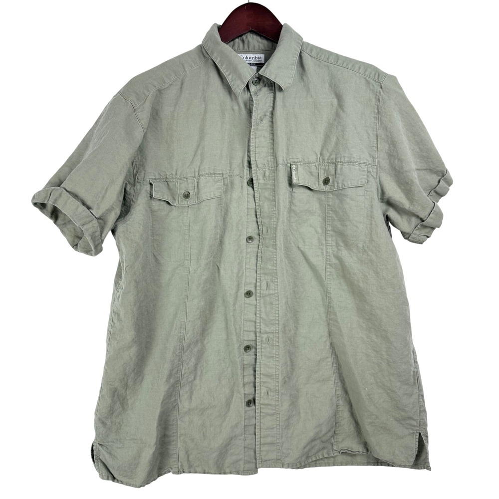 Columbia Button Up Shirt Mens XL Linen Cotton Sage Green Gorpcore Hiking Utility